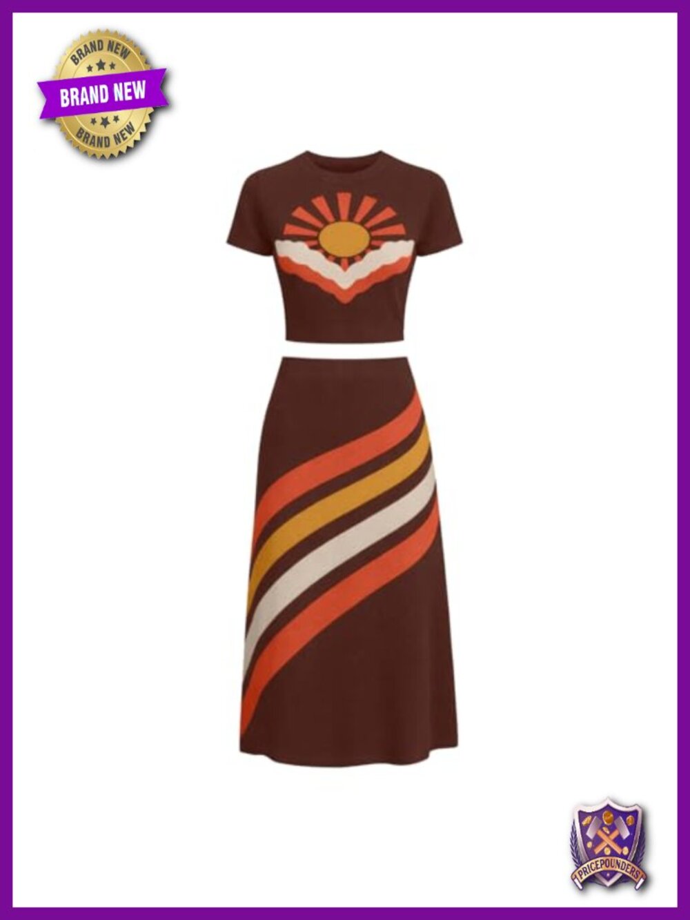 Women's Cotton Knitted A-Line Skirt Set Retro Sun Tee & Striped Skirt Two Piece